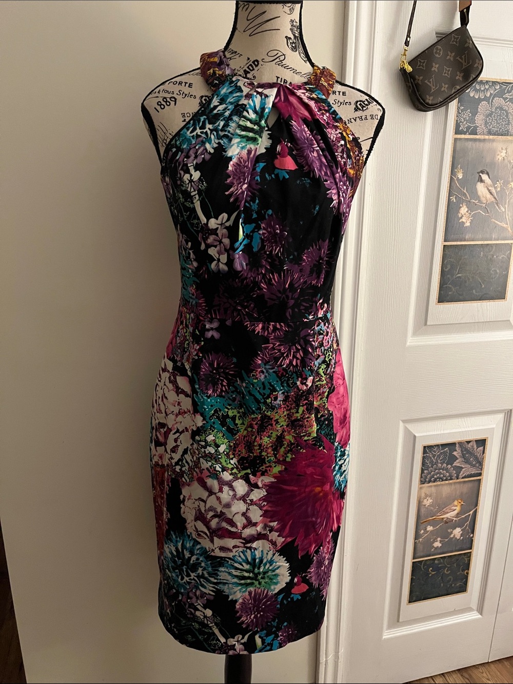 One-Shoulder Floral Sheath Dress in Black and Magenta